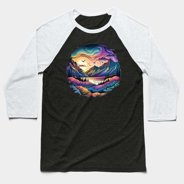 Pastel Landscape Dream | Colorful Psychedelic Art Baseball T-Shirt by Trippinink